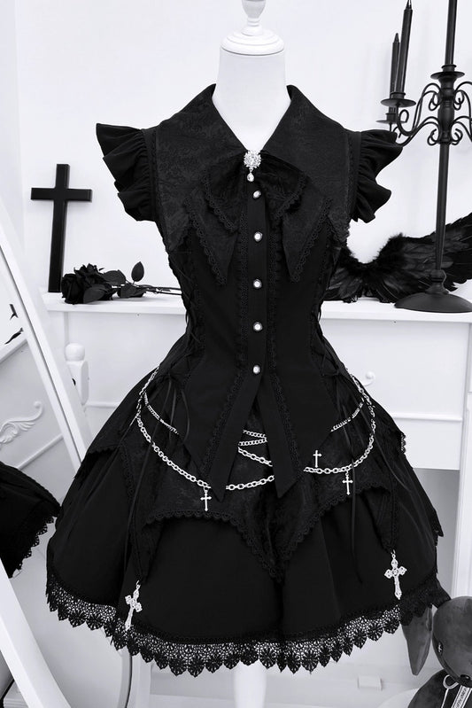 ダークゴシックサブカルチャーストラップセットアップ＋リボン＋チェーン