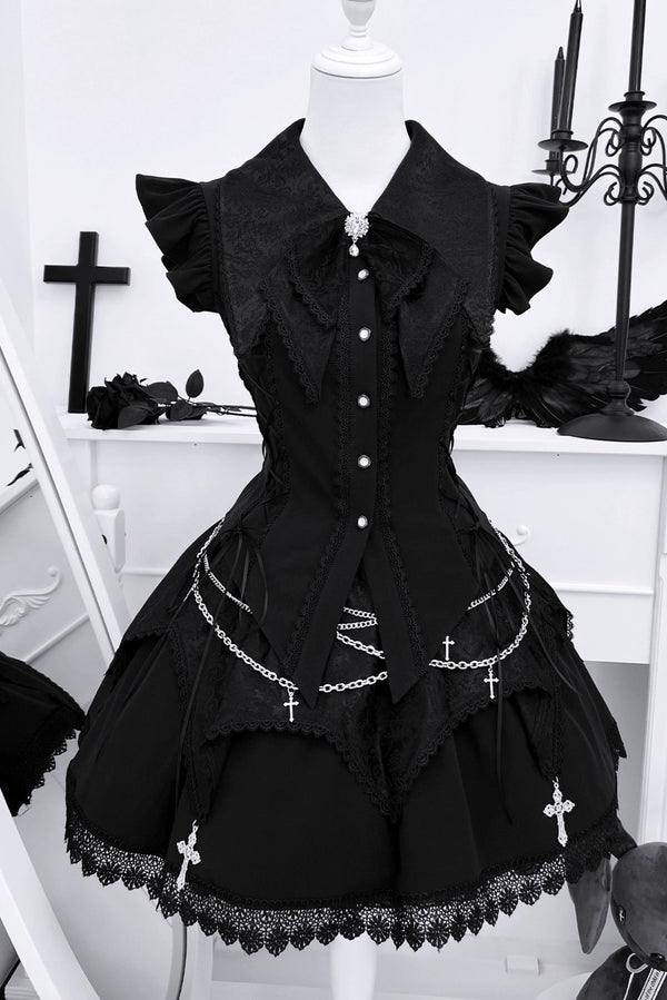 ダークゴシックサブカルチャーストラップセットアップ＋リボン＋チェーン