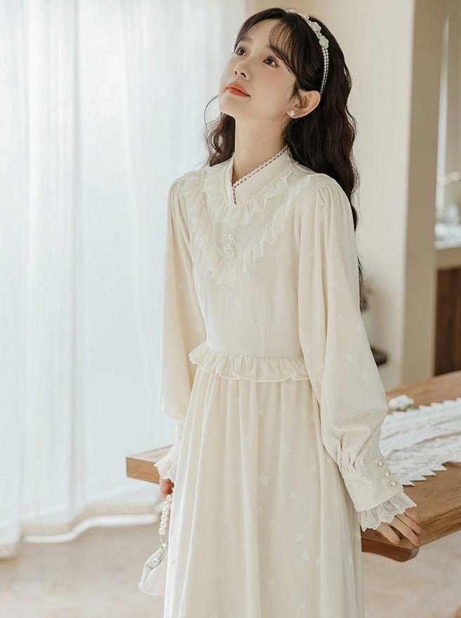 Milk Ruffle Flared Long Dress + Garden Cardigan