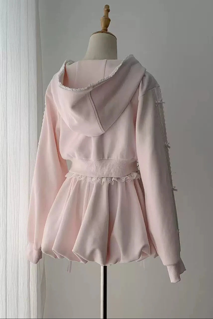[Reservation Deadline: November 15] Pink Lace Bow Two-Way Zip Hoodie and Bubble Skirt Set with Detachable Ribbon