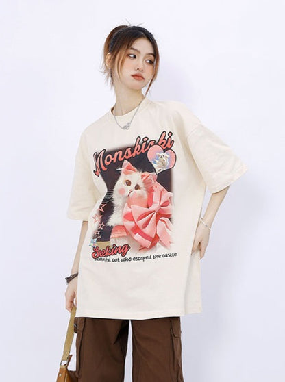 Loosen American Retro Cat Rip Lint T -shirt