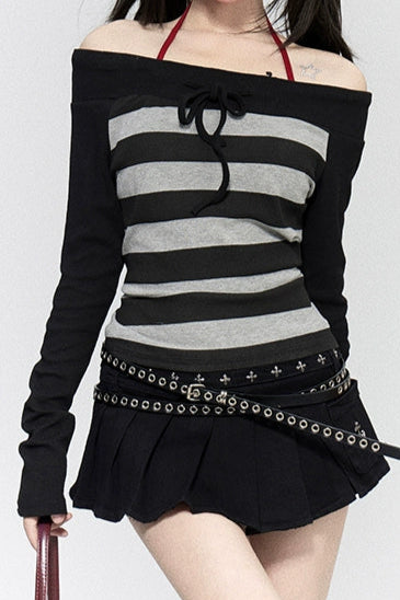 ボーダーオフショルダーY2Kトップス