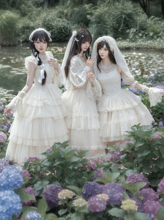 [Reservation Product] Pure White Girly Lolita Dress + Cardigan + Inner Top + Veil + Sleeves