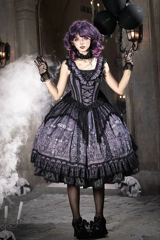 【10月30日予約締切】Purple Black Gothic Lolita Witch Print Frill Bustier Dress