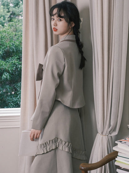 Maroon milk tea suite jacket + ruffle skirt