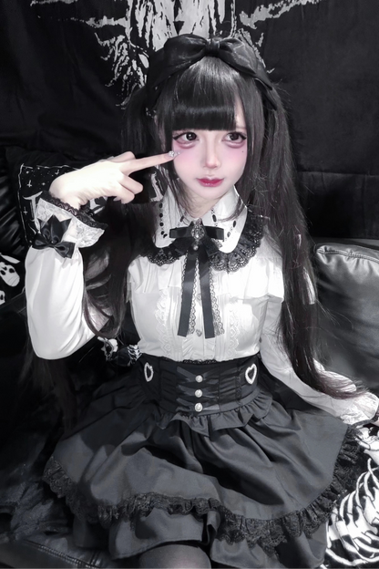 地雷ロングスリーブシャツ+ハイウエストスカート+リボンネクタイ