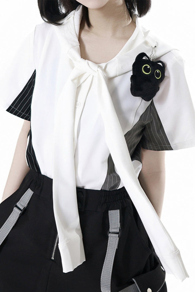 Casual stripe stitch design shirt + hooded shirt + + half pants + culottes + tie