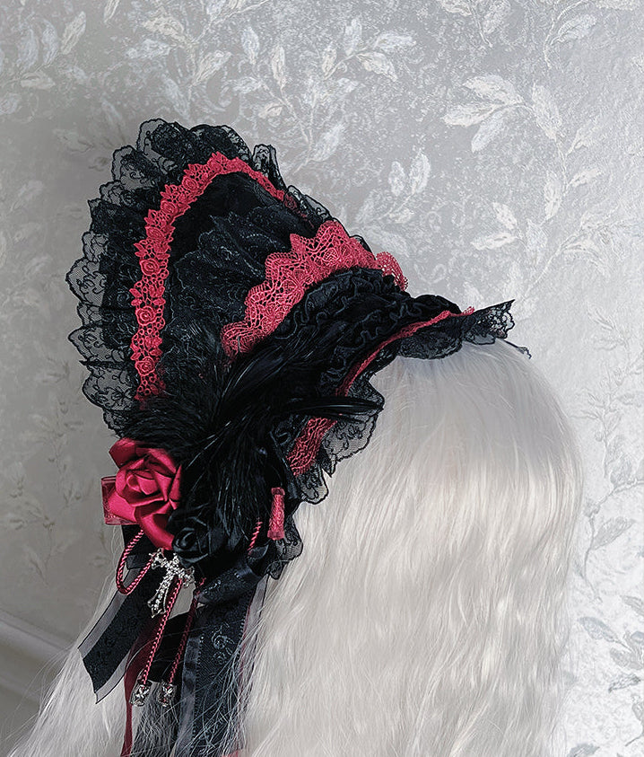 Black Mist Banquet Gothic Cross Rose Bonnet + Veil + Brooch