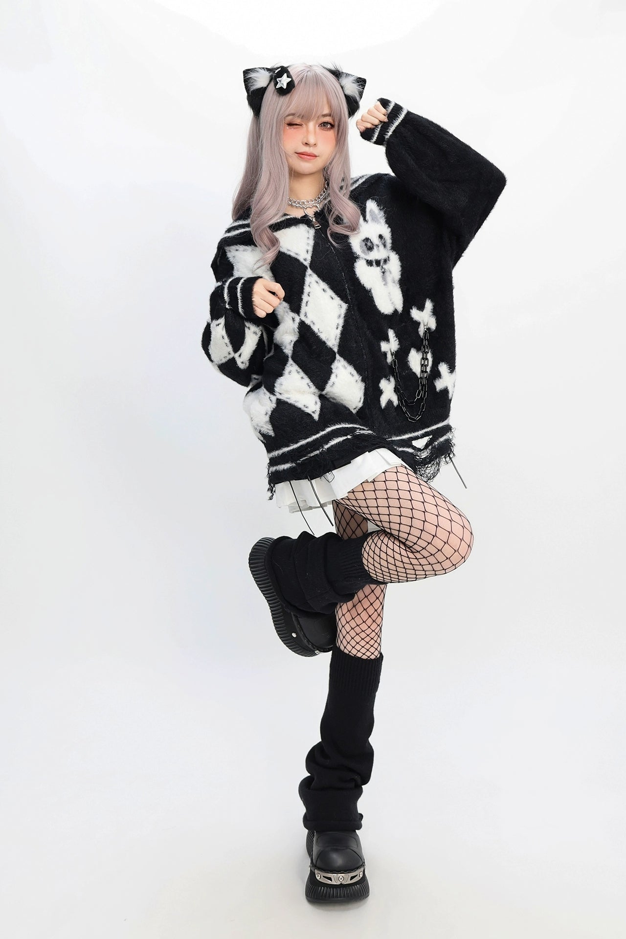 Sailor Argyle Rabbit Zip Cardigan