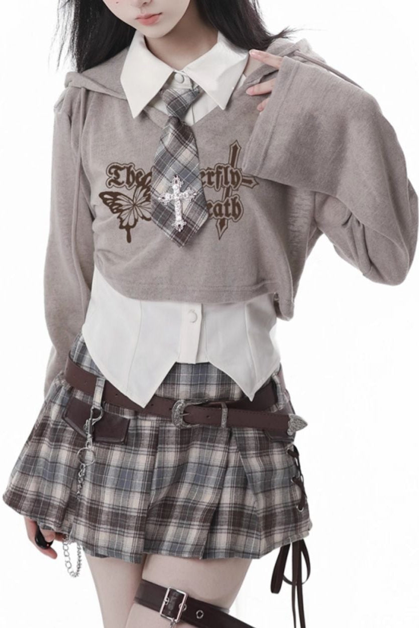 Y2K hooded short top + sleeveless shirt with tie + check culottes