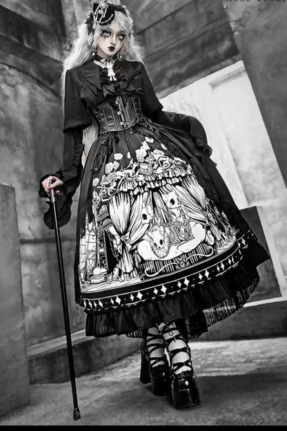 [Reservation product] Born Theater Horror Night Dark Gothic Halloween Shirt + Skirt Set