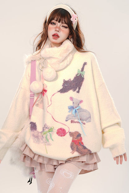 Cat and Dog Party Loose Sweater