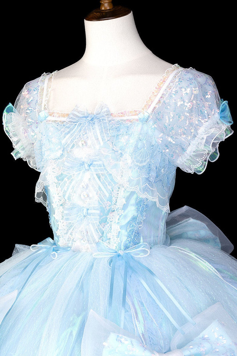 [Reservierungsschluss 1. August] Blau/Weiß/Lila Quallen-Feen-Lolita-Kleid mit Schleifen und Aurora-Schleppe