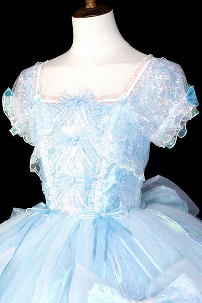 [Reservierungsschluss 1. August] Blau/Weiß/Lila Quallen-Feen-Lolita-Kleid mit Schleifen und Aurora-Schleppe