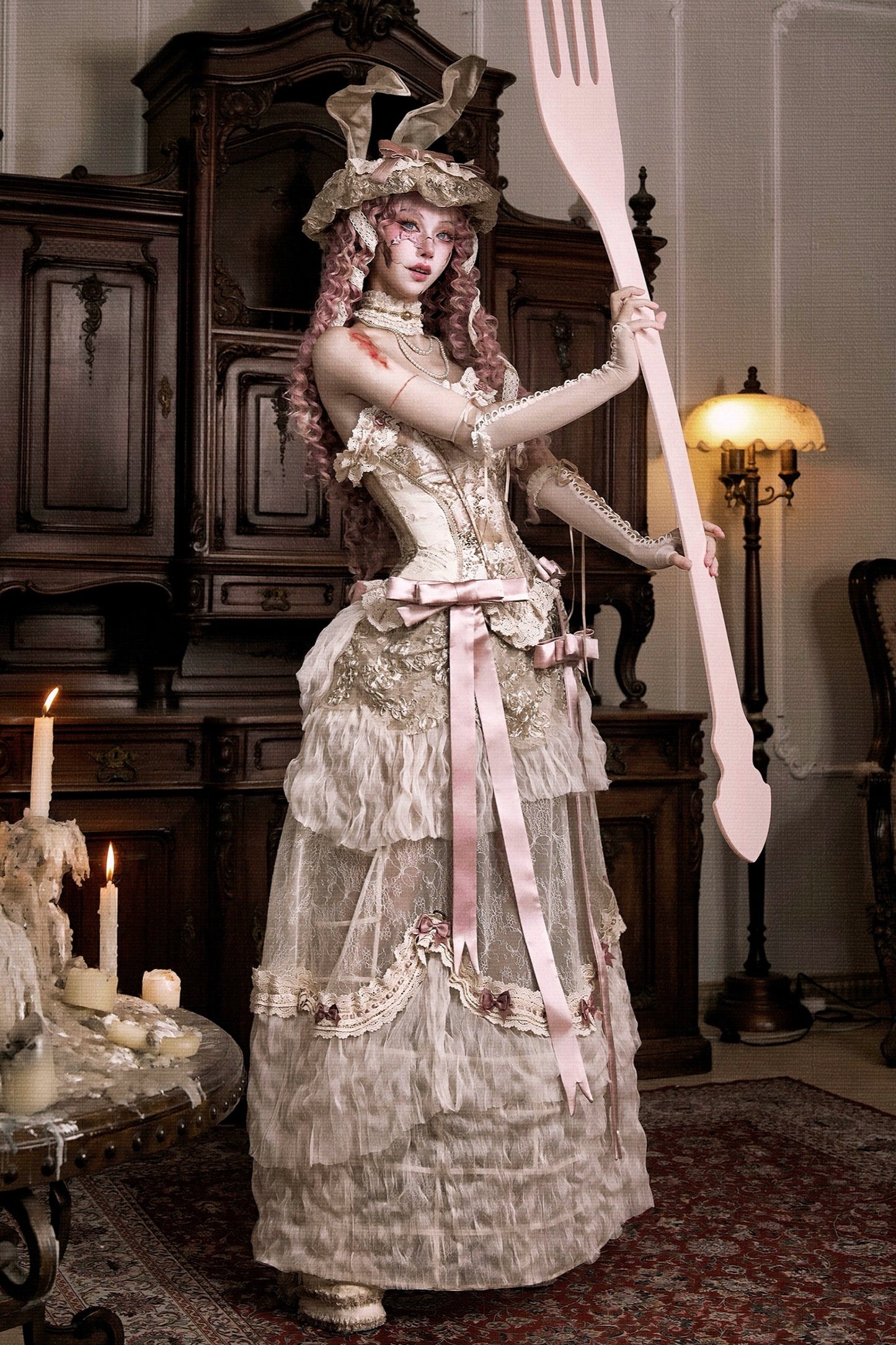 ラブフィッシュボーンコルセットロココフレンチチュニックトリムトップス＋スリーブ＋スリムリボン＋レッグカバー＋チョーカー