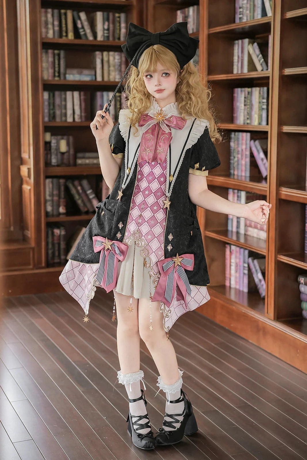 【10月13日予約締切】Magic Academy Starry Diamond Pendant Bow Lolita Dress + Black Lace Trim Bow Puff Sleeve Jacket + Detachable Star Embroidery Ribbon Frill Collar + Full Set