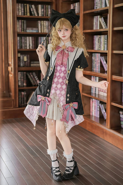 【10月13日予約締切】Magic Academy Starry Diamond Pendant Bow Lolita Dress + Black Lace Trim Bow Puff Sleeve Jacket + Detachable Star Embroidery Ribbon Frill Collar + Full Set