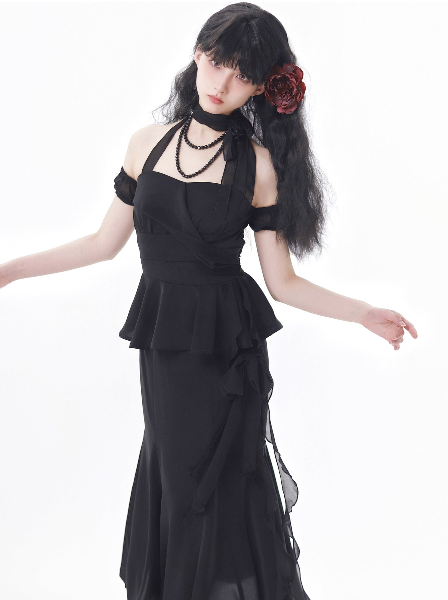 Summer Island Red Black Black Halter Neck Pearl Flower Mermaid Dress