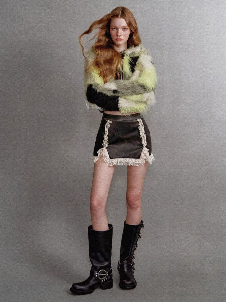 Contrast Lapel Fur Short Coat