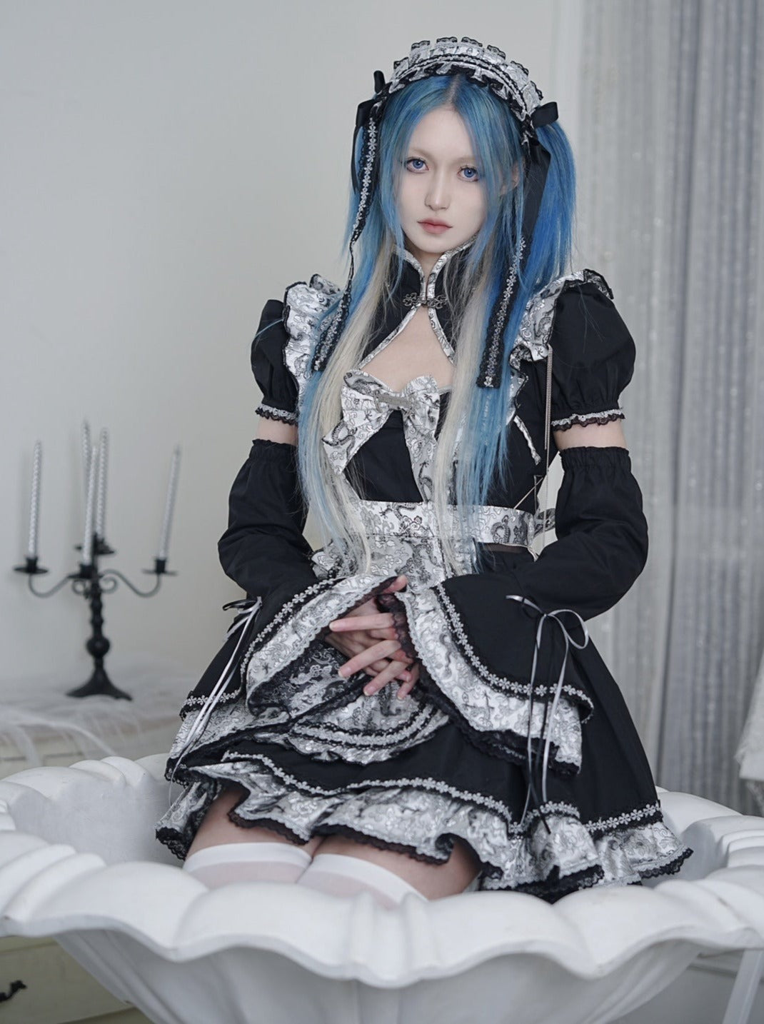 Silver Dragon Maid Gothic Dress + Apron + Arm Covers