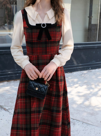 French Check Suspender Skirt + Pure White Blouse