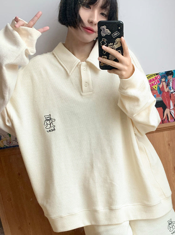 ワッフルポロカラールーズスウェットシャツ