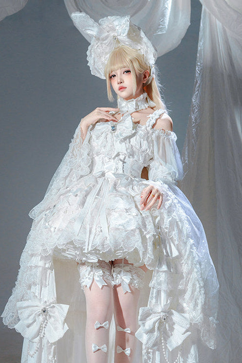 【7月19日予約締切】ホワイト/ブラックウエディングロリータドレスフルセット（JKSドレス＋姫袖ブラウス＋ロングオーバーレイ＋リボンアクセサリー）
