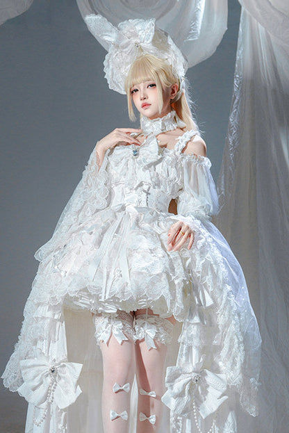 【7月19日予約締切】ホワイト/ブラックウエディングロリータドレスフルセット（JKSドレス＋姫袖ブラウス＋ロングオーバーレイ＋リボンアクセサリー）