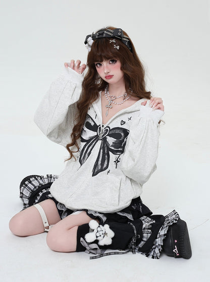 Dark Ribbon Design Loose Hooded Zip Hoodie