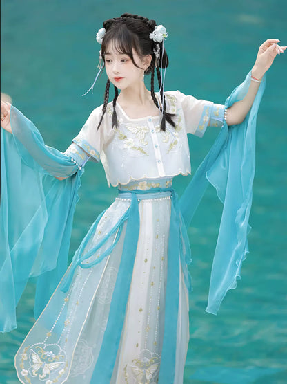 The girl's Neverless Island original blue falling sea improved Han elements new Chinese embroidered skirt suit national style