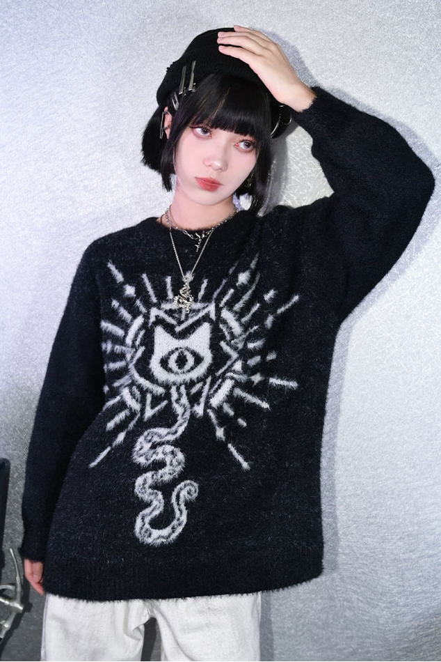 Weird House "Meow Meow Snake" black sweater loose and lazy girl autumn and winter imitation mink fur new Chinese jacquard top