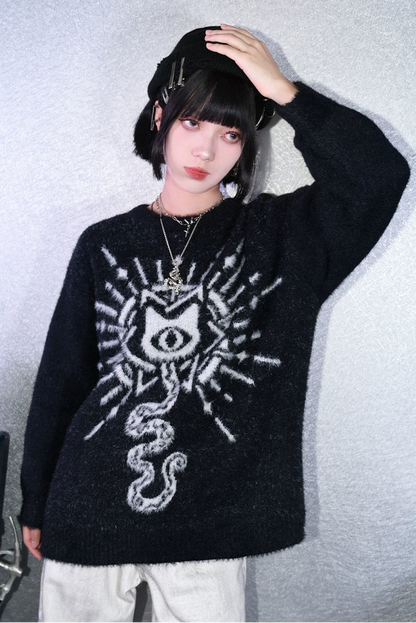 Weird House "Meow Meow Snake" black sweater loose and lazy girl autumn and winter imitation mink fur new Chinese jacquard top