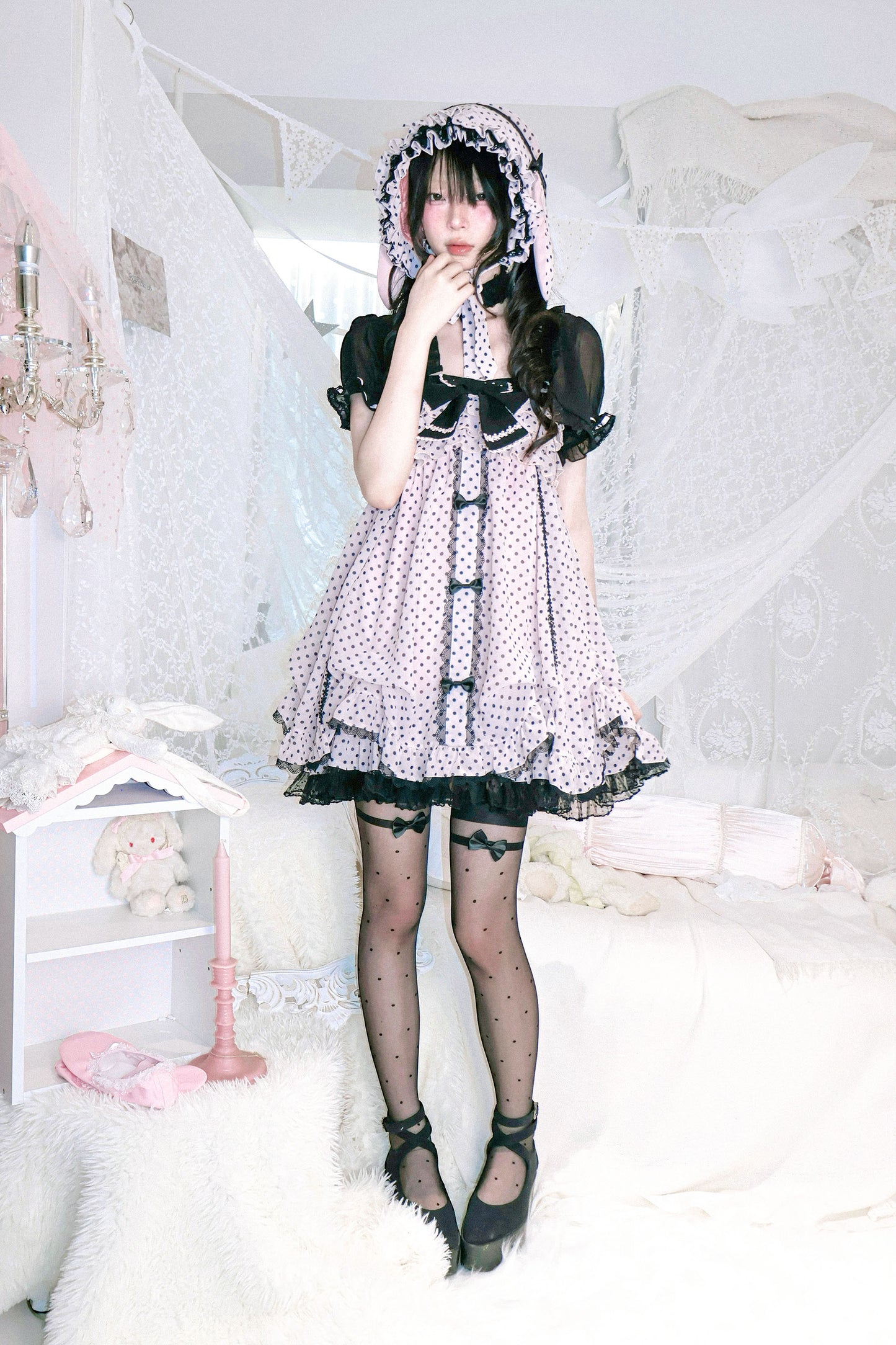 Dot design rabbit ear bonnet