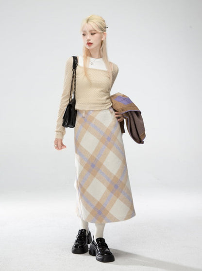 Milk Tea Argyle High Waist Draped Check Skirt