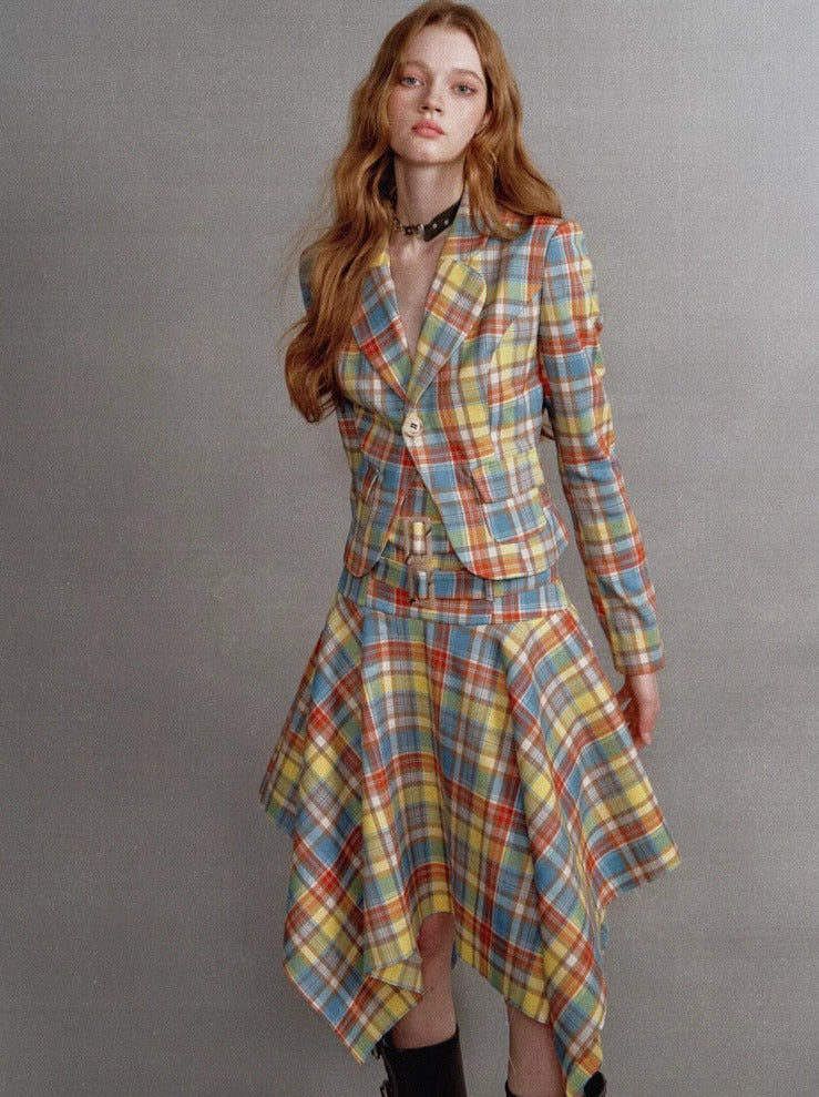 Retro Check Waist One Button Blazer Irregular Skirt Suit