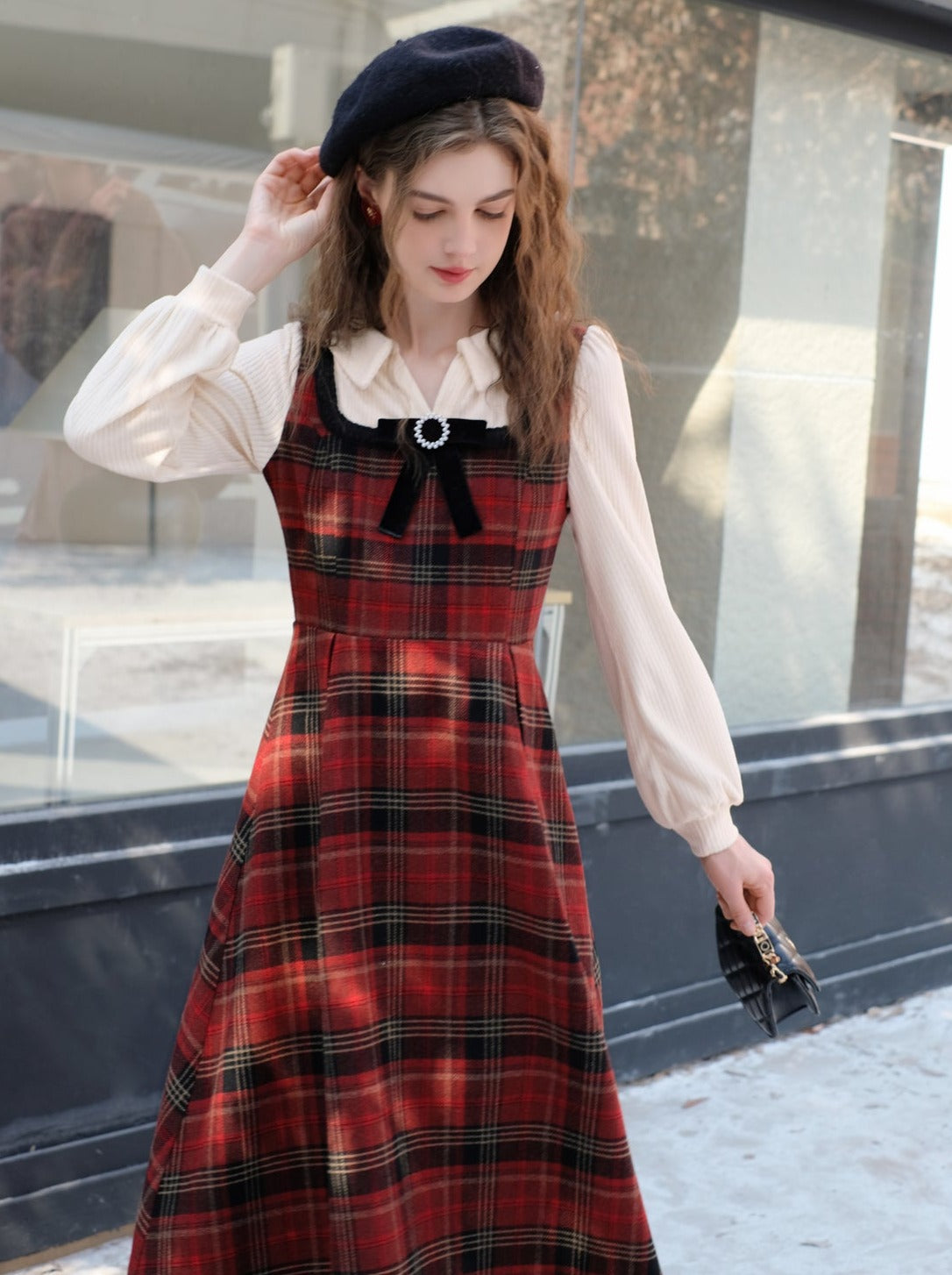 French Check Suspender Skirt + Pure White Blouse