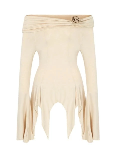 ワンショルダーアシメニットトップス+アシメプリーツスカート