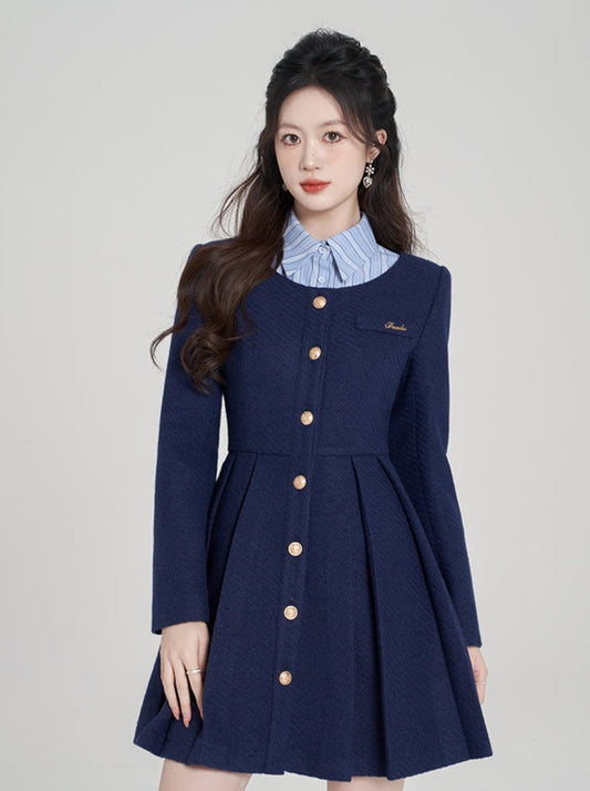 ネイビーブルーフレンチカレッジスタイルフェイクツーピースワンピース