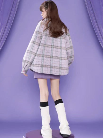 Purple Check Shirt Style Loose Coat