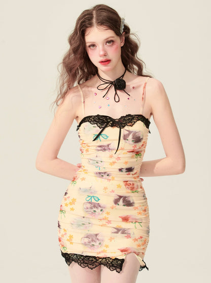 [5월 31일 20시 판매] 샤오예 밍링 샤오 부도아르 옐로우 플로럴 서스펜드론 드레스 여성 여름 레이스