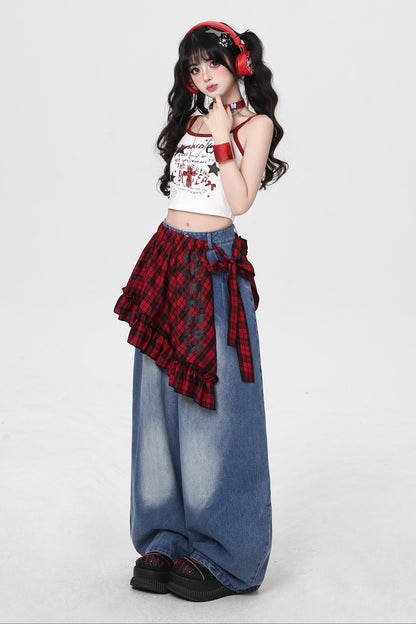 ストリートルーズデニムパンツ+チェック柄レース