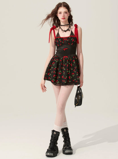 Little Cherry Black Halter Neck Ribbon Shoulder Dress