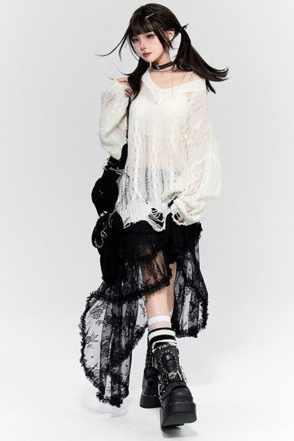 ワンショルダーダメージメッシュルーズトップス