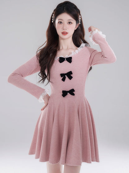 Knit Double Bow Flared Elegant Dress