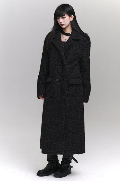 High neck mode dark long wool coat