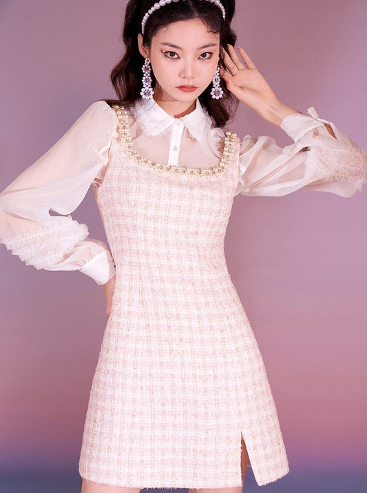 Imitation pearl square-collar tweed dress
