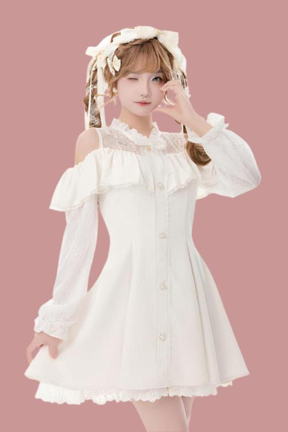 [Reservation product] Race frills off -shoulder dress