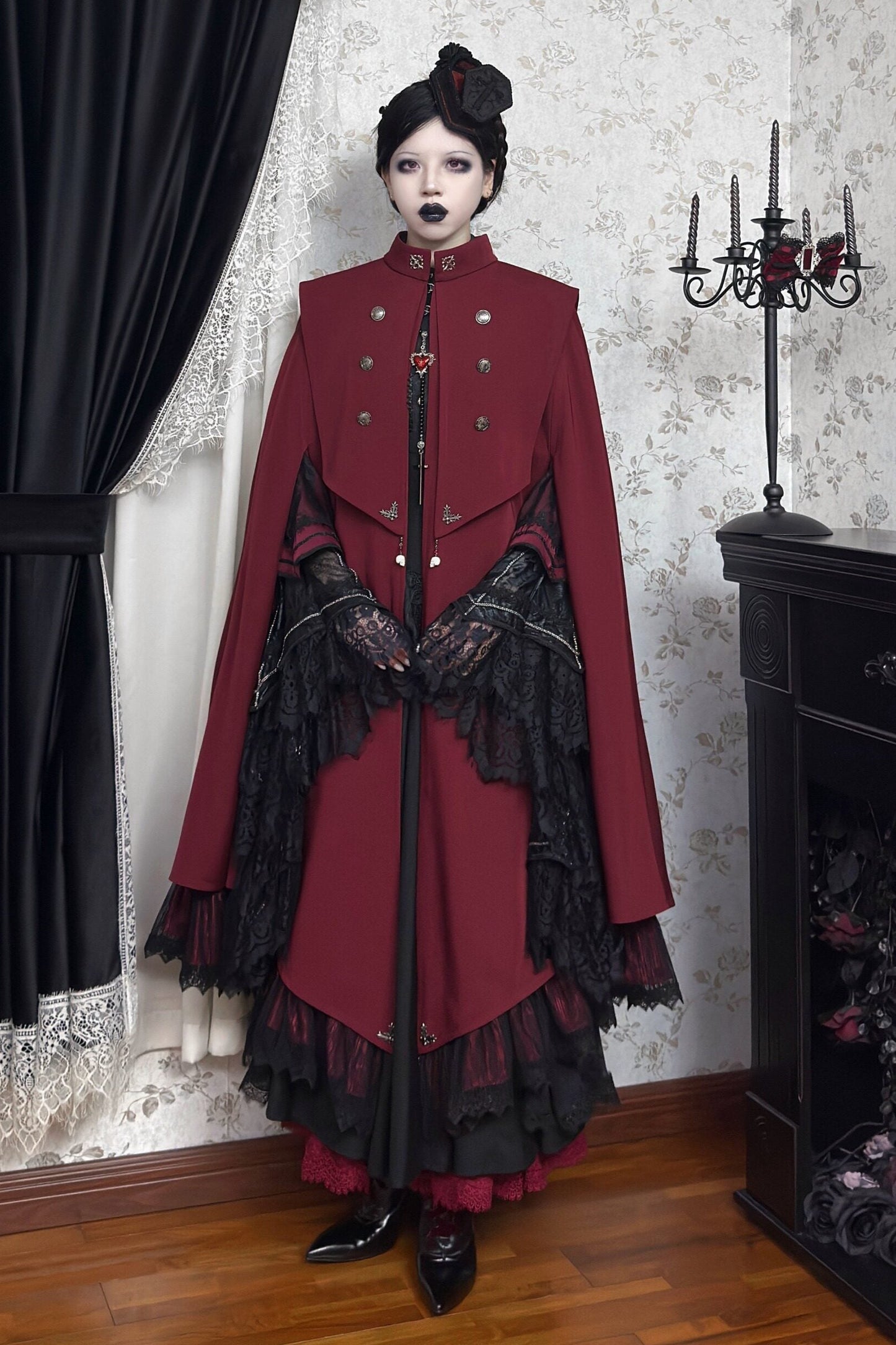 【9月5日予約締切】Dark Red/Dark Green Gothic Chain Layered Lace Cape Coat(Short Length/Long Length)