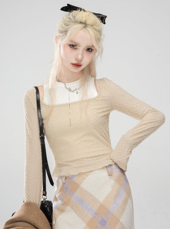 Milk Tea Waffle Two Piece Short Slim Fit Square Neck Sweater