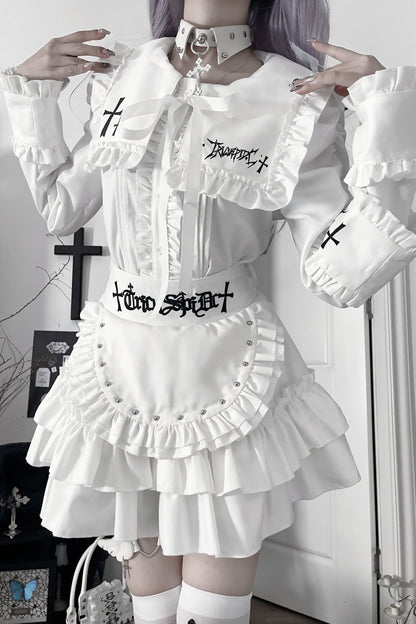 ライトアジアダークスリムロングスリーブトップス+フェイクエプロンショートスカート